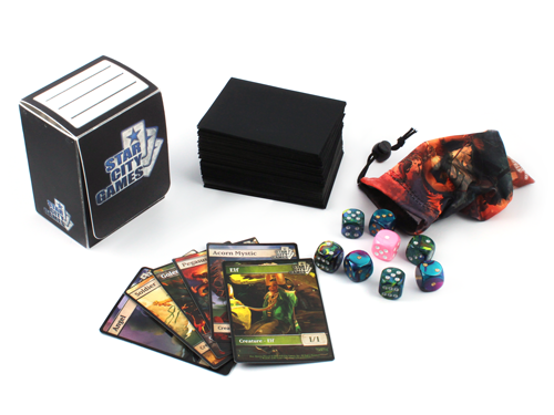 Deckbox, deck, tokens and dice